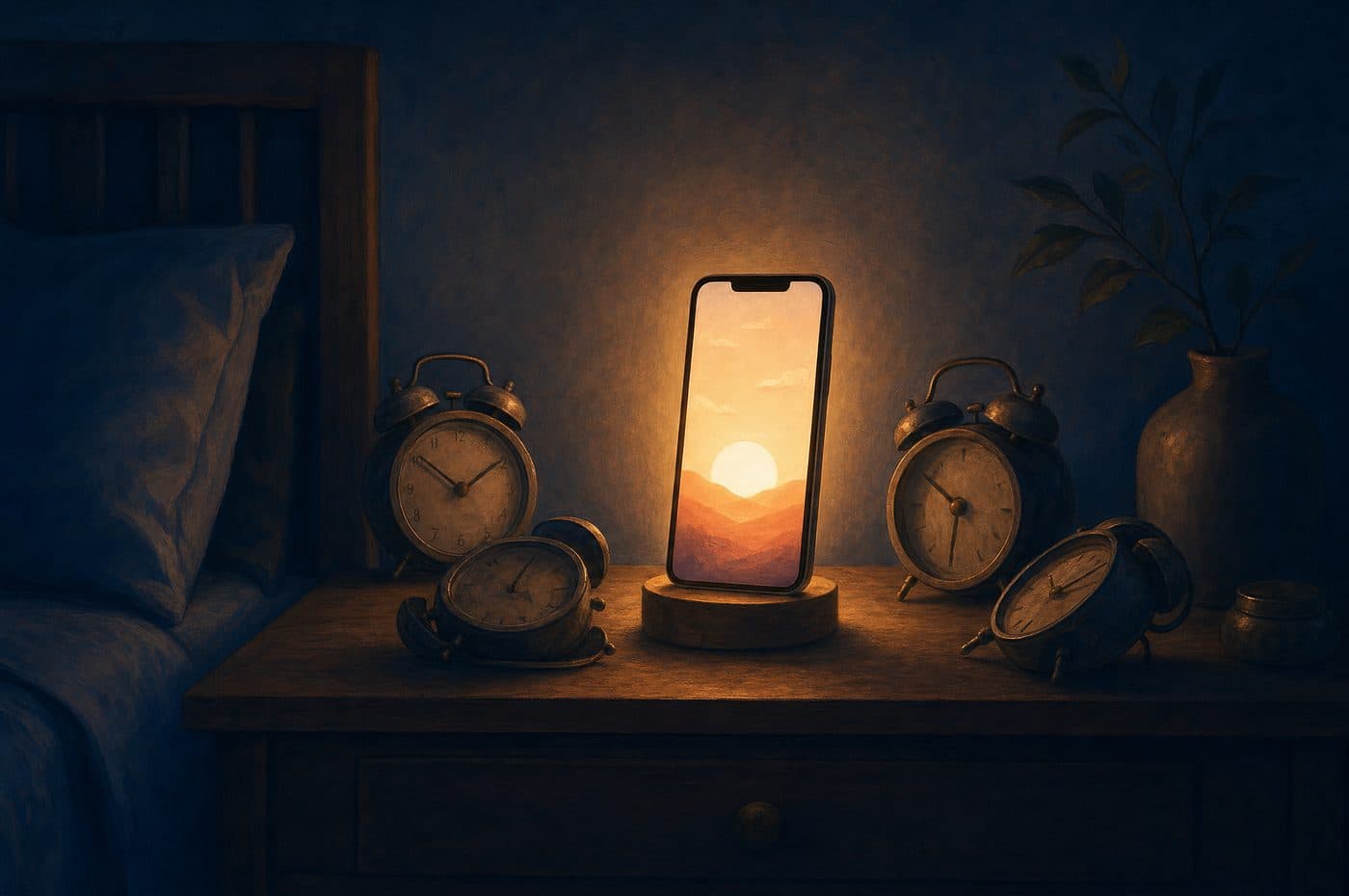 An iPhone glowing on a nightstand among old wind-up alarm clocks