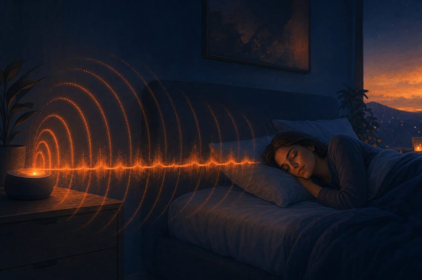 Sound waves from a glowing bedside speaker reaching a person asleep in bed