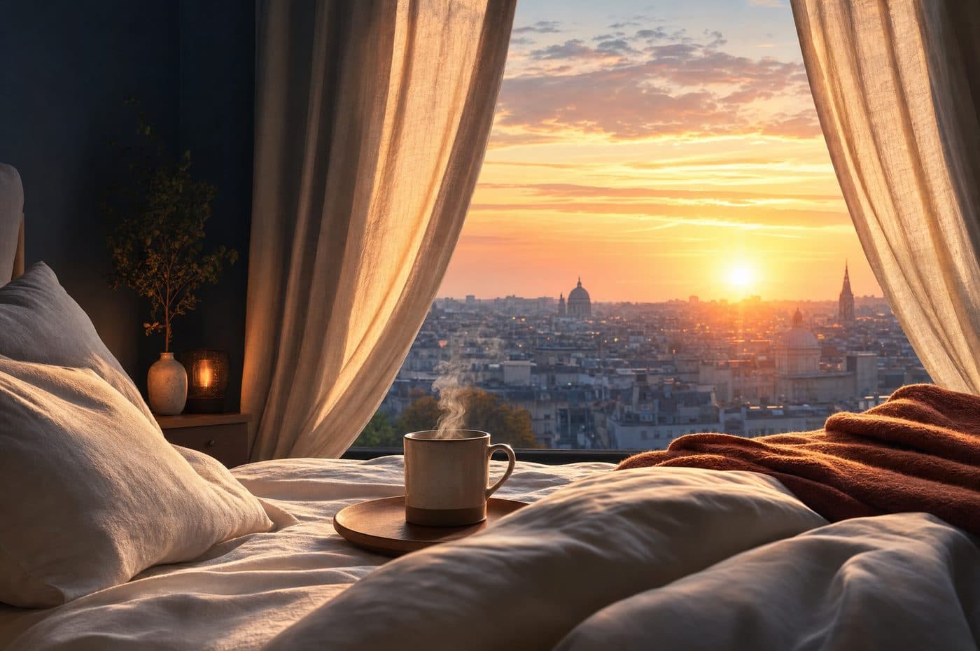 A sunrise over a city, seen from an unmade bed with a mug of coffee on a tray