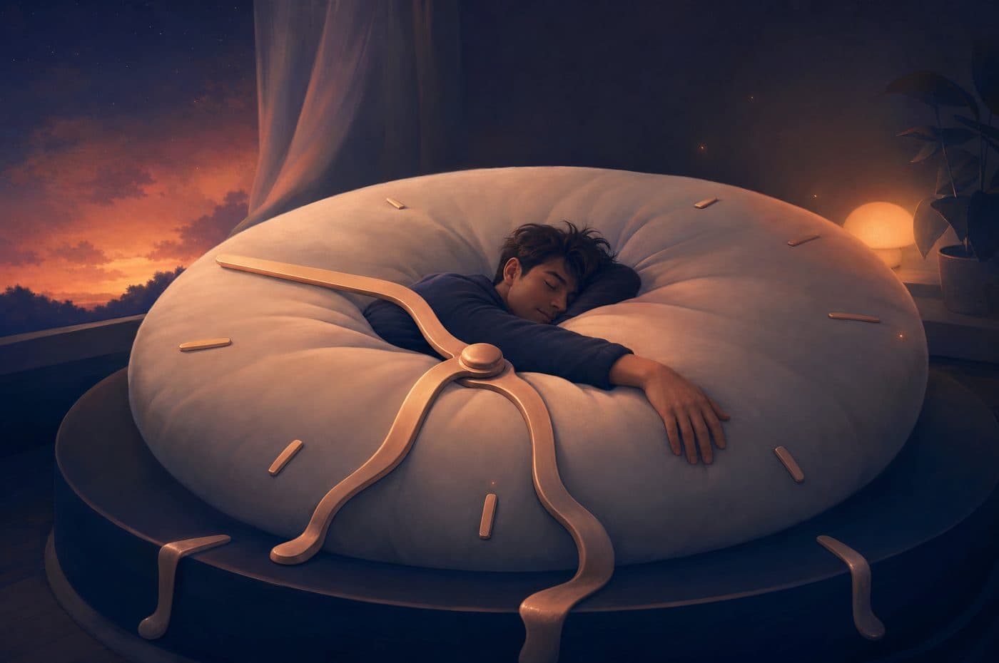 A person asleep inside a round cushion marked with clock hands