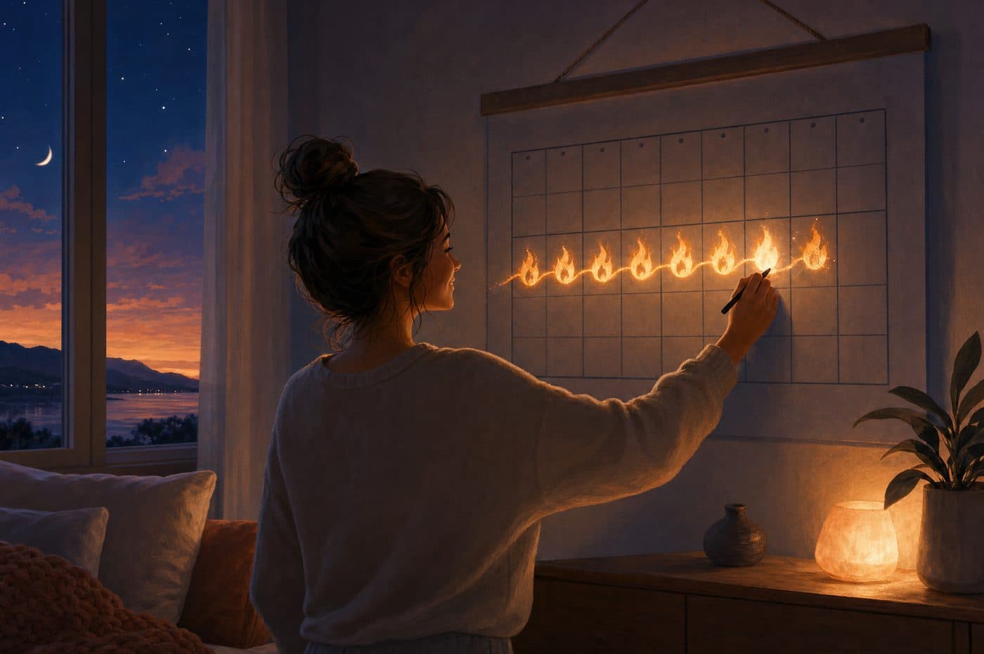 A woman marking a row of glowing flames on a calendar on her bedroom wall