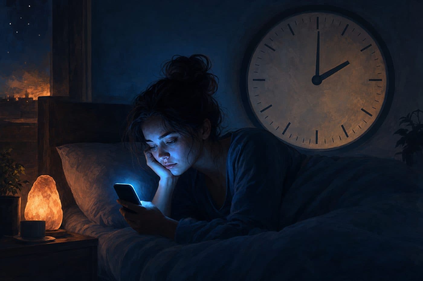 A woman awake in bed looking at her phone, with a wall clock showing two o'clock