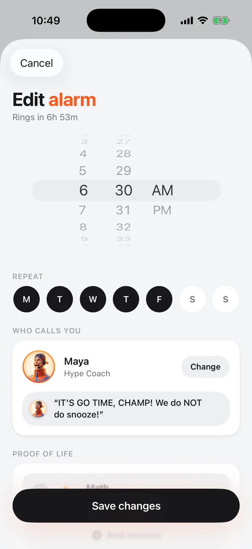 Editing an alarm: time, repeat days and Maya, the Hype Coach, as the caller