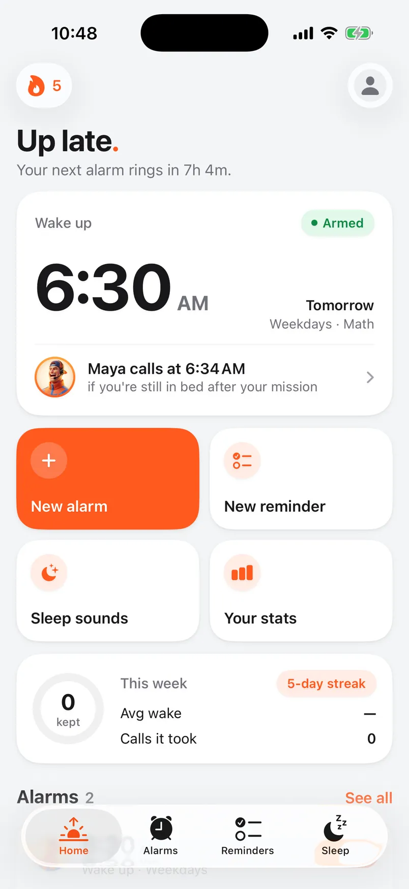 Alarmis Home: the next alarm at 6:30 AM, armed, with Maya calling at 6:34 if you're still in bed
