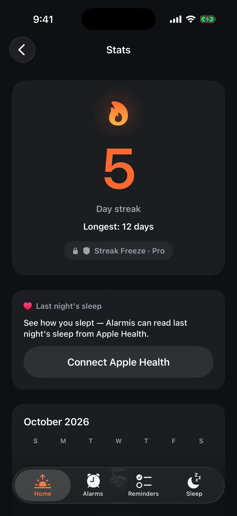 Stats in dark mode: a 5-day streak with a streak freeze
