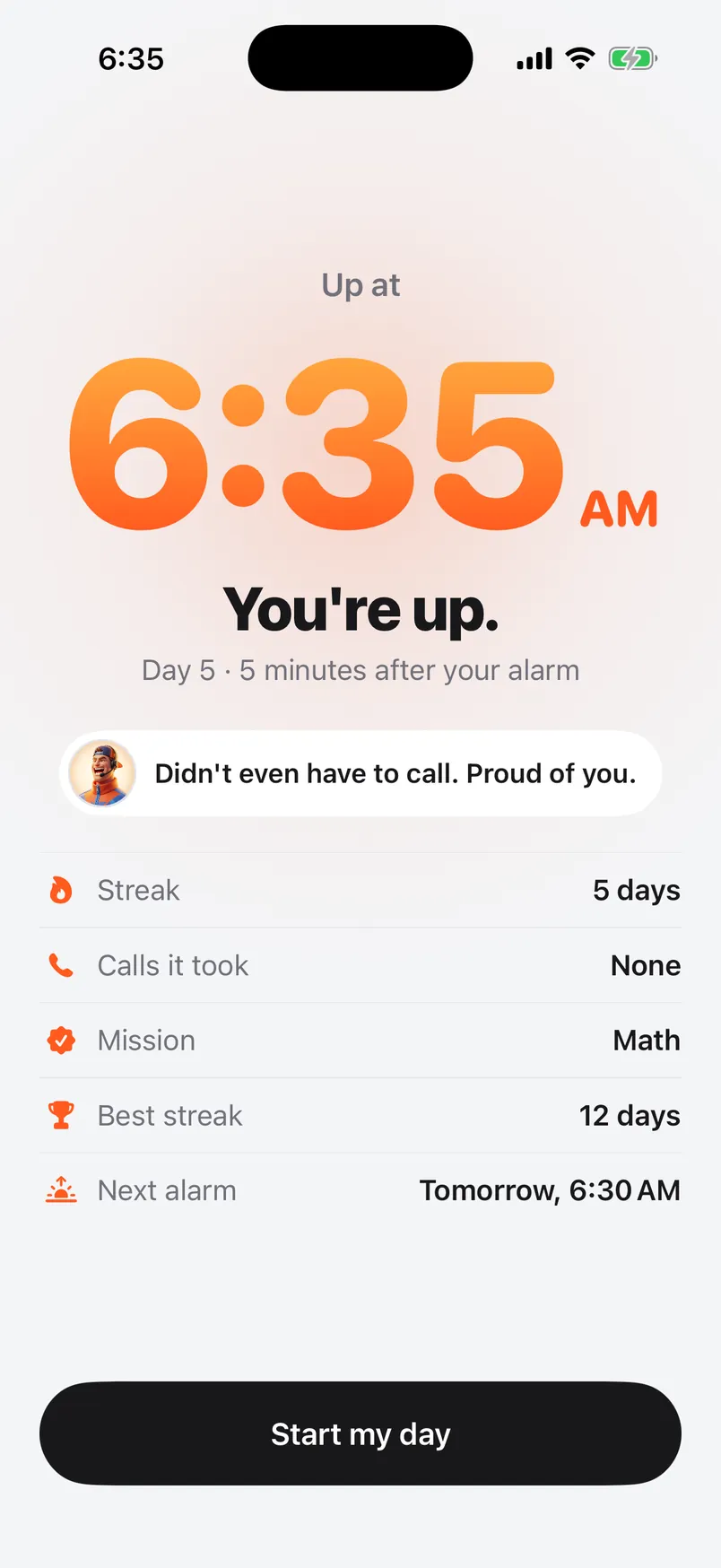 You're up at 6:35 AM: a 5-day streak and no call needed