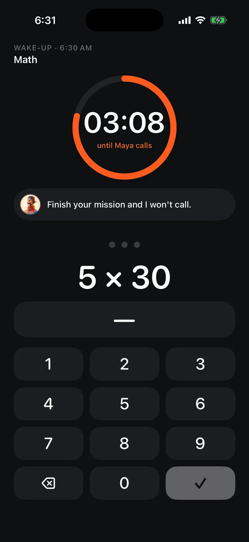The wake screen at night: the countdown to the call and the math keypad